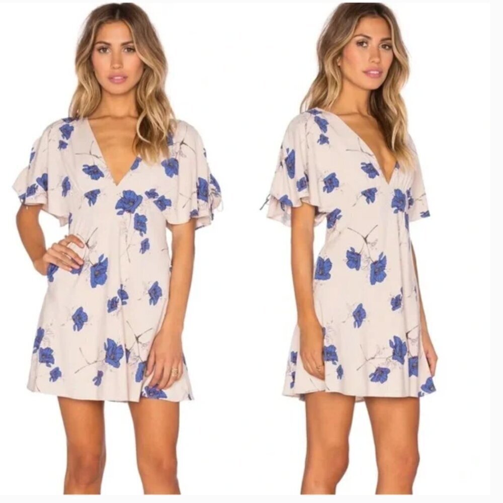 Free People Melanie Dress Floral Short Drapey Sleeve Mini Pearl Combo Size 6